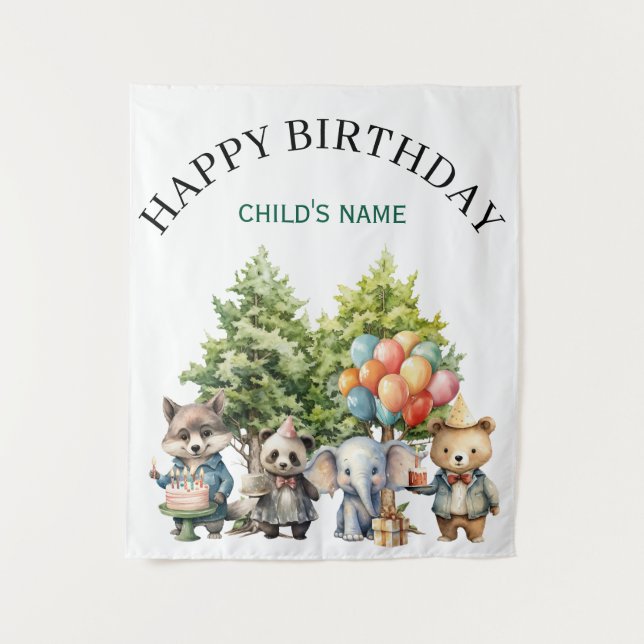 Tenture Anniversaire Forêt Aquarelle Fantaisiste (Devant)