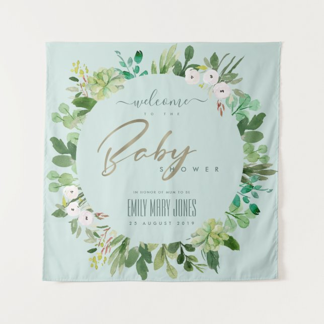 TENTURE AQUA  BLEU FEUILLAGE ACRÉLIÈRE BABY SHOWER BIENVEN (Devant)