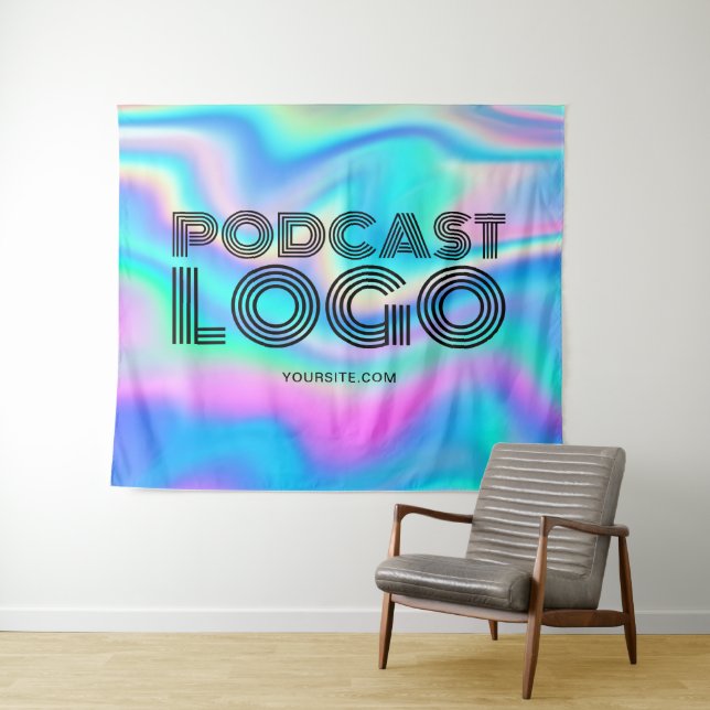 Tenture Aqua Blue Iridescente Rainbow Modern Podcast Logo (En situation (horizontale))