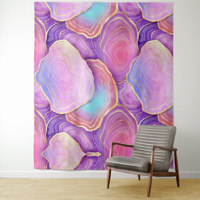 Tenture Aquarelle Abstraite rose turquoise lavande agate (En situation)