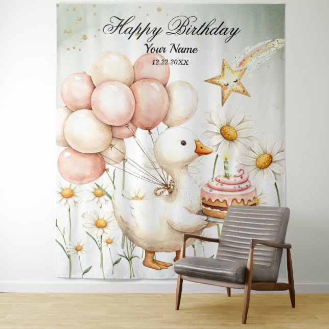 Tenture Aquarelle Bébé Oie blanche Anniversaire fête migno (En situation)