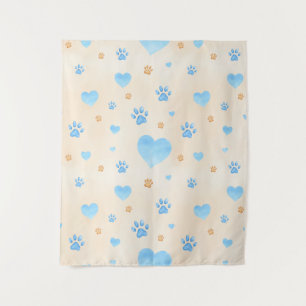 Tenture Aquarelle Bleu Coeurs et Empreintes de pattes Moti
