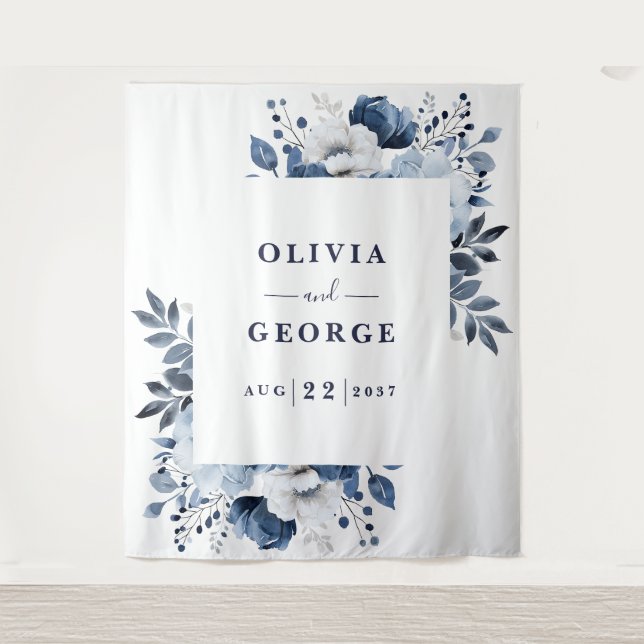 Tenture Aquarelle bleu marine Floral Photo Booth fond (Devant)
