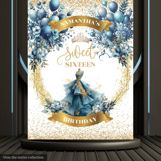 Tenture Aquarelle bleu or élégant Sweet 16 draps (Blue Gold Watercolor Elegant Sweet 16 Dress Banner)