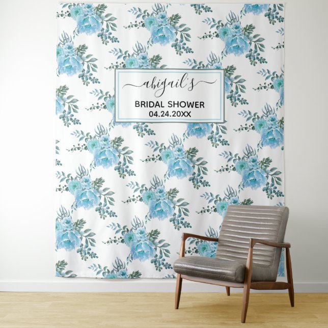 Tenture Aquarelle bleue fleurs florales douche nuptiale fl (En situation)