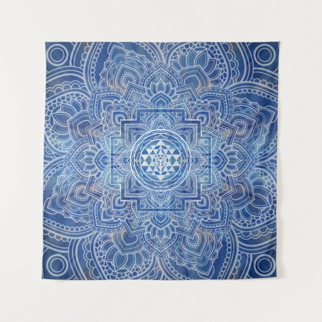 Tenture Aquarelle bleue Sri Yantra/Sri Chakra (Devant)