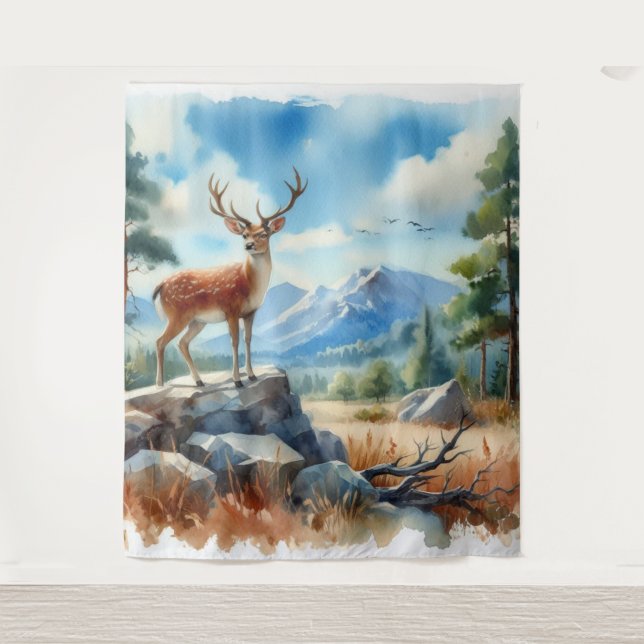 Tenture Aquarelle cerf dans la nature (Devant)