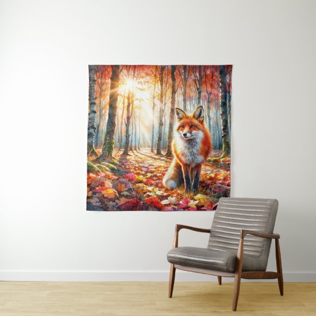 Tenture Aquarelle de la forêt d'automne renard (En situation)