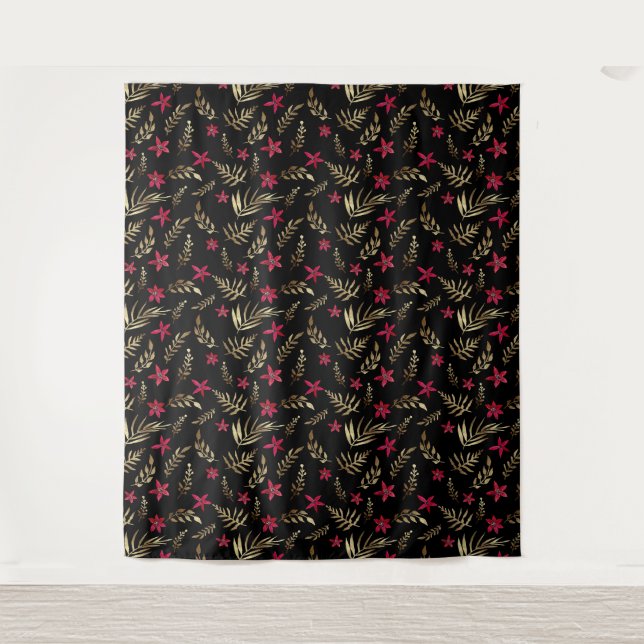 Tenture Aquarelle fleurs rouges tropicale exotique palmier (Devant)