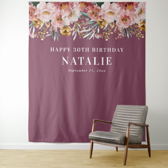 Tenture Aquarelle girly florale 30e anniversaire rose chic (En situation)