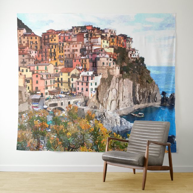 Tenture Aquarelle italienne de la côte amalfitaine (En situation (horizontale))