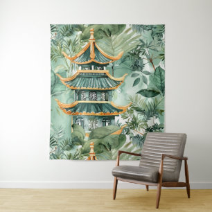 Tenture Aquarelle Pagode asiatique dans paysage verdoyant 