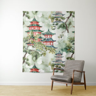 Tenture Aquarelle Pagode asiatique dans paysage verdoyant 