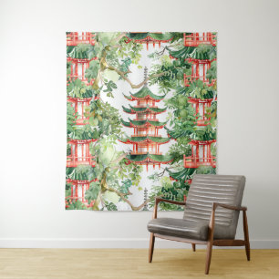Tenture Aquarelle Pagode asiatique dans paysage verdoyant 