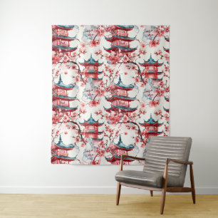 Tenture Aquarelle Pagode chinoise avec fleurs de cerisiers