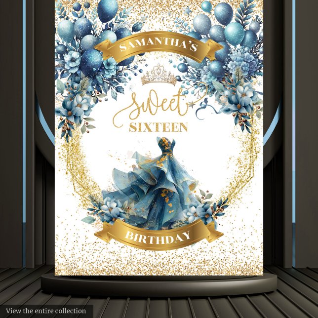 Tenture Aquarelle Robe Bleue Douce 16 Bannière Parties sci (Watercolor Blue Dress Sweet 16 Gold Glitter Banner)