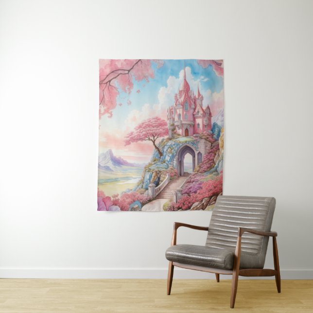 Tenture Aquarelle rose bleu Imaginaire Château Mur Art (En situation)
