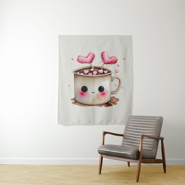 Tenture Aquarelle rose et crème mignonne Chocolat chaud Mu (En situation)