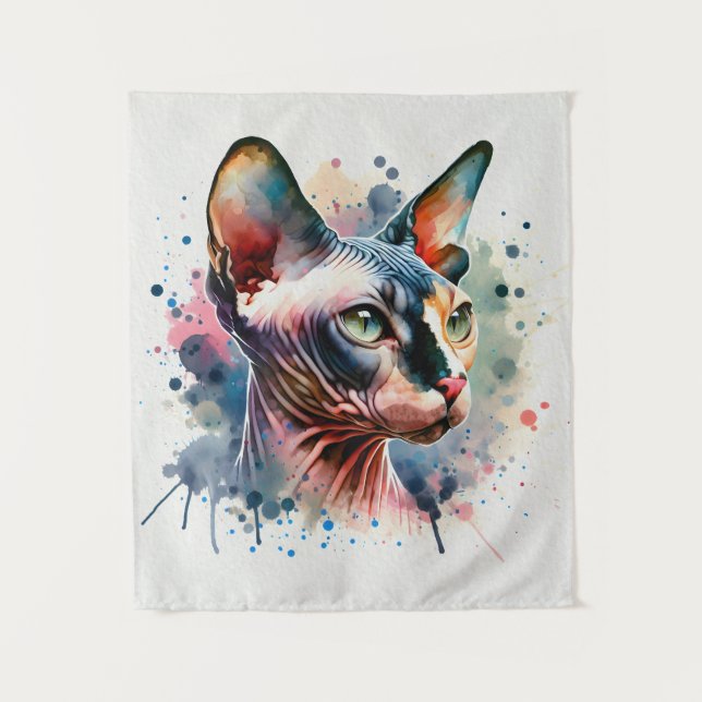 Tenture Aquarelle Sphynx Chat Portrait Artistique (Devant)