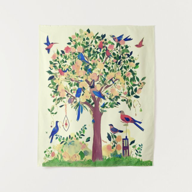 Tenture Arbre de vie avec oiseaux et fleurs (Devant)
