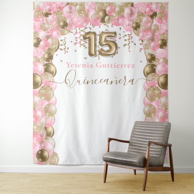 Tenture Arc de ballons élégant rose et or pour Quinceanera (En situation)