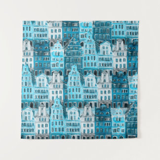 Tenture Architecture d'Amsterdam, aquarelle bleue.