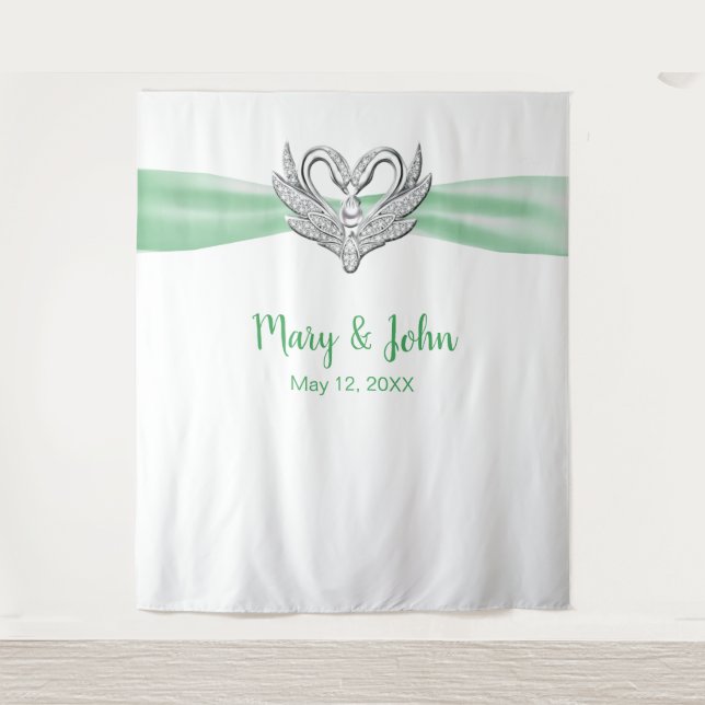 Tenture Argent vert Ruban Swans Mariage fond (Devant)