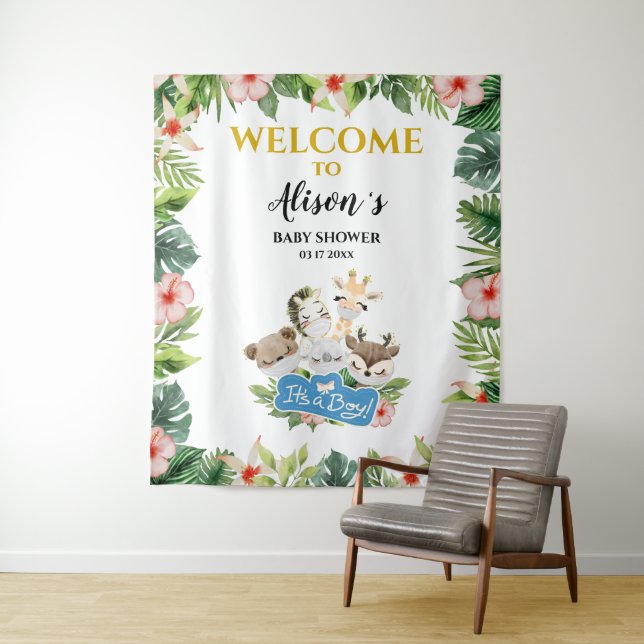 Tenture ARRIÈRE-Baby shower garçon | Cute Gold Safari Frie (En situation)