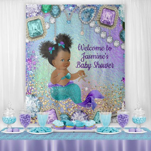 Tenture Arrière-plan du Baby shower de sirène Afro (Add your own text, font style, font color for your event.)