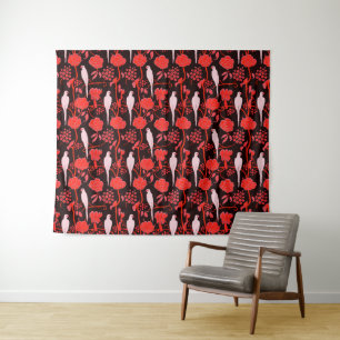 Tenture ART DÉCO FLEURS NOIR ROUGE,PERROQUETS BLANCS Flora
