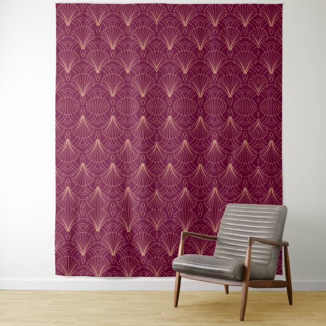 Tenture Art Deco pattern with gold geometric fan motifs  (En situation)
