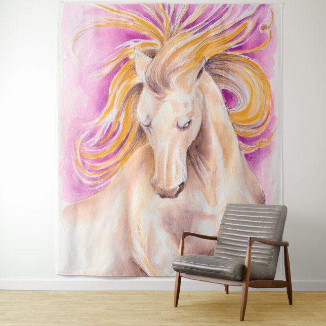 Tenture Art violet pourpre d'aquarelle de cheval andalou (En situation)
