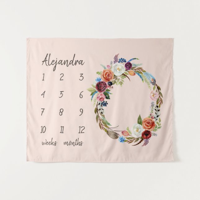 Tenture Automne Boho Blooms Monogramme Baby Milestone Phot (Devant (Horizontal))