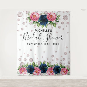 Tenture Baby Shower bleu fleurs roses diamants blancs