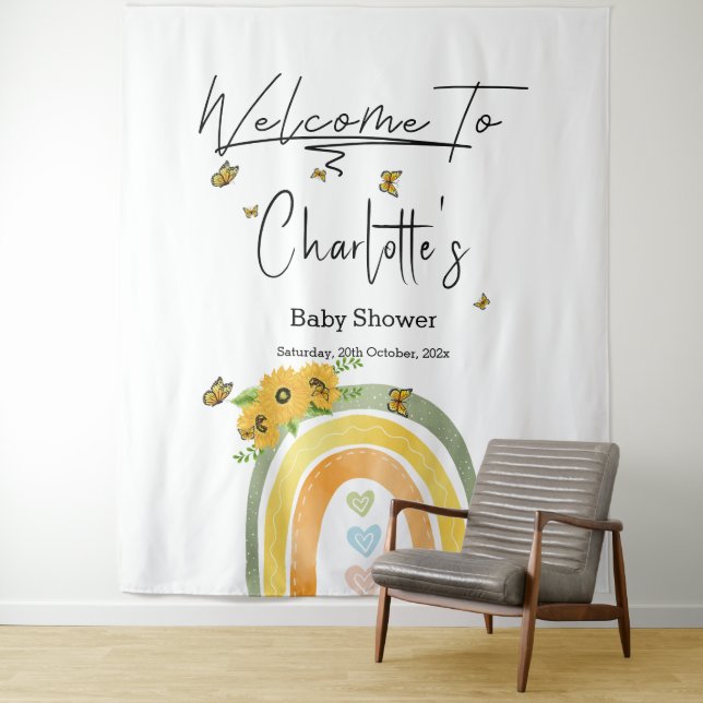 Tenture Baby Shower Bohème Arc-en-ciel avec Tournesols (En situation)