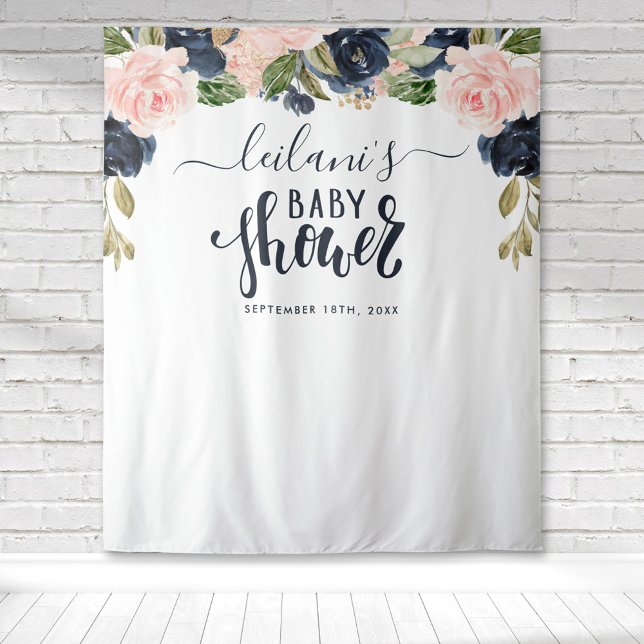 Tenture Baby shower d'accueil Marine rose Arche florale (Blush pink and navy blue floral botanical baby shower typography tapestry perfect for photo ops.)