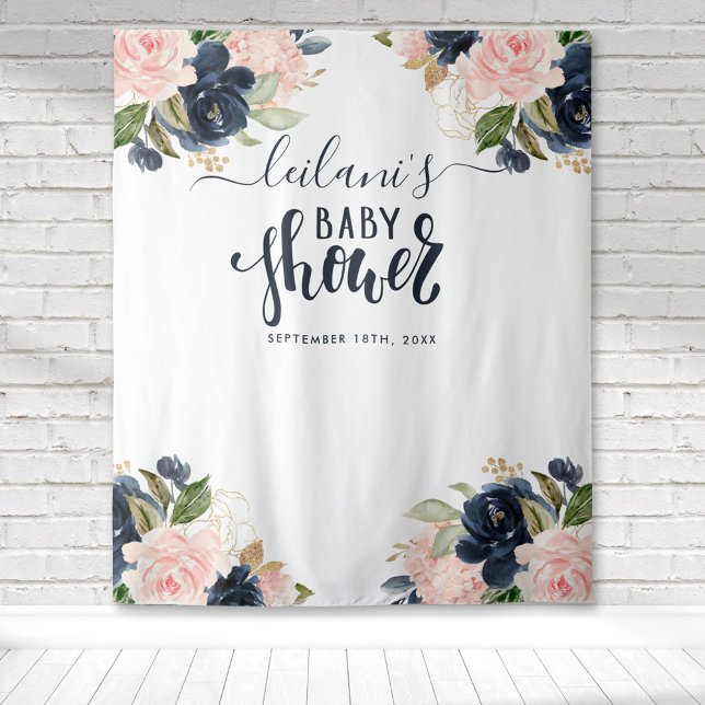 Tenture Baby shower de bienvenue Marine rose Floral fond (Blush pink and navy blue floral botanical baby shower typography tapestry perfect for photo ops.)