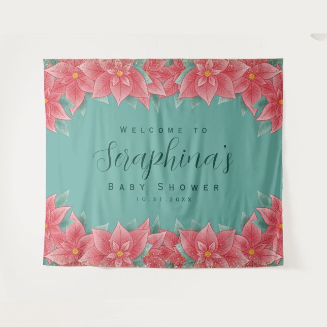 Tenture Baby shower de Noël Poinsettia Contexte (Devant (Horizontal))