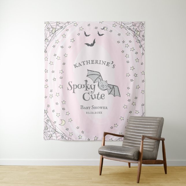 Tenture Baby shower d'Halloween Éffrayant rose fond (En situation)