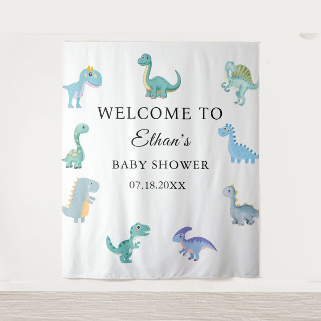 Tenture Baby Shower Dinosaure Élégant Blanc (Devant)