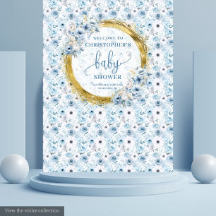 Tenture Baby shower élégant boho fleurs bleu pastel doré