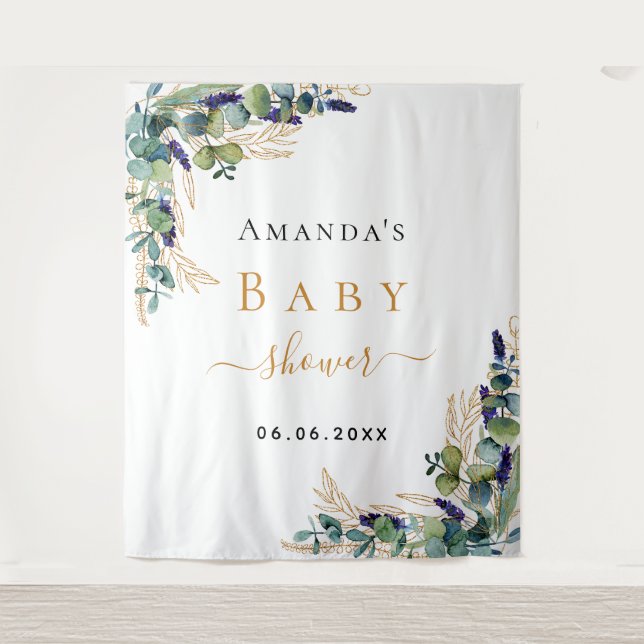 Tenture Baby Shower eucalyptus verdure monogramme doré (Devant)