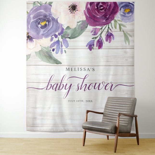 Tenture Baby Shower Fille Fleur Rustique Aquarelle Violet (En situation)