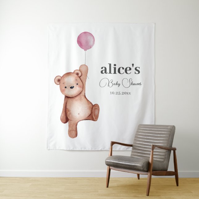 Tenture Baby shower fille ours en peluche (En situation)