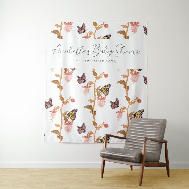 Tenture Baby Shower Fille Papillon Bohème Rose Moderne (En situation)