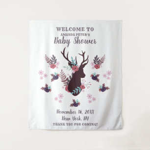 Tenture Baby Shower Fille Tête de Cerf Rustique Fleurs Mau