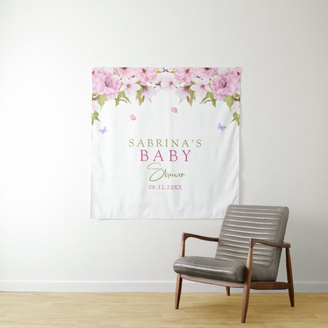 Tenture Baby Shower Fleurs de Cerisier à l'aquarelle (En situation)