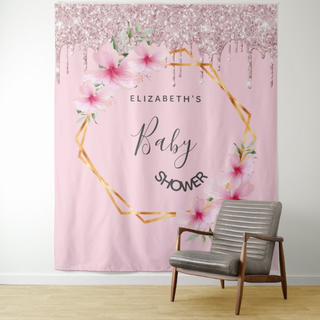 Tenture Baby Shower fleurs florales en paillettes roses fi (En situation)