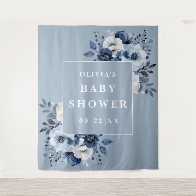 Tenture Baby shower floral bleu poussiéreux fond photo (Devant)