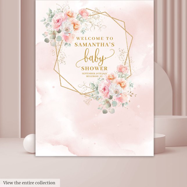 Tenture Baby shower floral rose pâle sur fond (Cute blush pink floral baby shower backdrop)